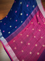 Navy Blue & Purple Pink Khaadi Cotton Linen saree in pure khaadi cotton blend with linen with silver zari borders with gicha thread buttas — Kaash Collection