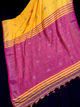 Yellow & Peach Khaadi Linen saree in pure khaadi cotton blend with linen with zari borders with gicha thread buttas — Kaash Collection