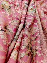 Coral Peach pure khaddi georgette banarasi silk saree with muted gold zari with digital floral prints — Kaash Collection