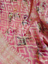 Coral Peach pure khaddi georgette banarasi silk saree with muted gold zari with digital floral prints — Kaash Collection
