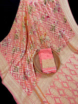 Coral Peach pure khaddi georgette banarasi silk saree with muted gold zari with digital floral prints — Kaash Collection