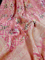 Pure Khaddi Georgette Banarasi Saree in Coral Peach with Muted Gold Zari with Digital Floral Prints - Handwoven Sarees - SILK MARK CERTIFIED - Kaash