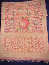 Pure Khaddi Georgette Banarasi Saree in Coral Peach with Muted Gold Zari with Digital Floral Prints | Handwoven Sarees | SILK MARK CERTIFIED - Kaash