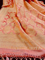 Pure Khaddi Georgette Banarasi Saree in Coral Peach with Muted Gold Zari with Digital Floral Prints | Handwoven Sarees | SILK MARK CERTIFIED - Kaash