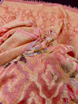 Pure Khaddi Georgette Banarasi Saree in Coral Peach with Muted Gold Zari with Digital Floral Prints | Handwoven Sarees | SILK MARK CERTIFIED - Kaash