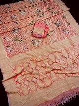 Pure Khaddi Georgette Banarasi Saree in Coral Peach with Muted Gold Zari with Digital Floral Prints | Handwoven Sarees | SILK MARK CERTIFIED - Kaash