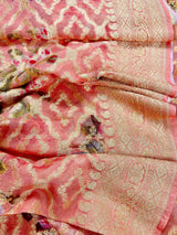 Pure Khaddi Georgette Banarasi Saree in Coral Peach with Muted Gold Zari with Digital Floral Prints | Handwoven Sarees | SILK MARK CERTIFIED - Kaash