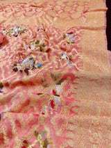 Pure Khaddi Georgette Banarasi Saree in Coral Peach with Muted Gold Zari with Digital Floral Prints | Handwoven Sarees | SILK MARK CERTIFIED - Kaash