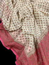 Creamy White with Strawberry Pink pure khaddi georgette banarasi silk saree with antique zari with strawberry pink borders — Kaash Collection