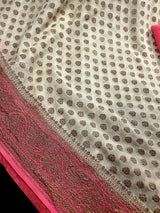 Creamy White with Strawberry Pink pure khaddi georgette banarasi silk saree with antique zari with strawberry pink borders — Kaash Collection