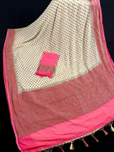 Pure Khaddi Georgette Banarasi Silk Creamy White with Strawberry Pink borders and Pallu with Antique Zari | SILK MARK CERTIFIED - Kaash