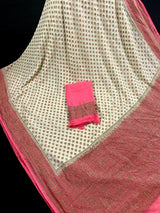 Pure Khaddi Georgette Banarasi Silk Creamy White with Strawberry Pink borders and Pallu with Antique Zari | SILK MARK CERTIFIED - Kaash