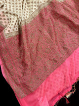 Pure Khaddi Georgette Banarasi Silk Creamy White with Strawberry Pink borders and Pallu with Antique Zari | SILK MARK CERTIFIED - Kaash