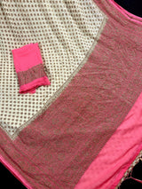 Pure Khaddi Georgette Banarasi Silk Creamy White with Strawberry Pink borders and Pallu with Antique Zari | SILK MARK CERTIFIED - Kaash