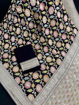 Pure Khaddi Georgette Banarasi Silk Saree in Black Color with Muted Sliver Zari | Floral Meenakari Jaal Silk Sari | SILK MARK CERTIFIED - Kaash