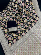 Pure Khaddi Georgette Banarasi Silk Saree in Black Color with Muted Sliver Zari | Floral Meenakari Jaal Silk Sari | SILK MARK CERTIFIED - Kaash