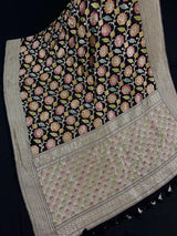 Pure Khaddi Georgette Banarasi Silk Saree in Black Color with Muted Sliver Zari | Floral Meenakari Jaal Silk Sari | SILK MARK CERTIFIED - Kaash