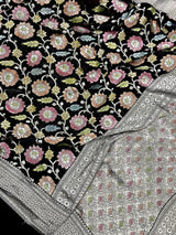 Pure Khaddi Georgette Banarasi Silk Saree in Black Color with Muted Sliver Zari | Floral Meenakari Jaal Silk Sari | SILK MARK CERTIFIED - Kaash