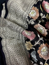 Pure Khaddi Georgette Banarasi Silk Saree in Black Color with Muted Sliver Zari | Floral Meenakari Jaal Silk Sari | SILK MARK CERTIFIED - Kaash