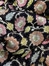 Pure Khaddi Georgette Banarasi Silk Saree in Black Color with Muted Sliver Zari | Floral Meenakari Jaal Silk Sari | SILK MARK CERTIFIED - Kaash