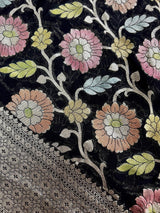 Pure Khaddi Georgette Banarasi Silk Saree in Black Color with Muted Sliver Zari | Floral Meenakari Jaal Silk Sari | SILK MARK CERTIFIED - Kaash