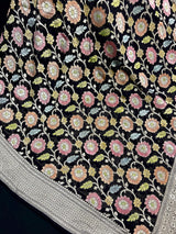 Pure Khaddi Georgette Banarasi Silk Saree in Black Color with Muted Sliver Zari | Floral Meenakari Jaal Silk Sari | SILK MARK CERTIFIED - Kaash