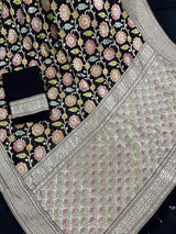 Pure Khaddi Georgette Banarasi Silk Saree in Black Color with Muted Sliver Zari | Floral Meenakari Jaal Silk Sari | SILK MARK CERTIFIED - Kaash