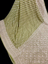 Mehandi Green pure khaddi georgette banarasi silk saree with muted gold zari weave — Kaash Collection