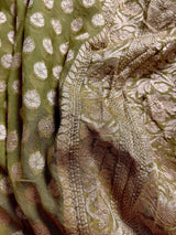 Mehandi Green pure khaddi georgette banarasi silk saree with muted gold zari weave — Kaash Collection
