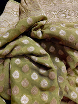 Mehandi Green pure khaddi georgette banarasi silk saree with muted gold zari weave — Kaash Collection
