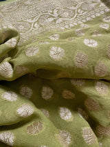 Pure Khaddi Georgette Banarasi Silk Saree in Mehandi Green Green Color with Muted Gold Weave | SILK MARK CERTIFIED - Kaash