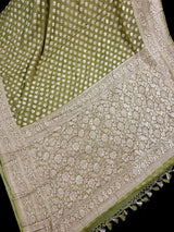 Pure Khaddi Georgette Banarasi Silk Saree in Mehandi Green Green Color with Muted Gold Weave | SILK MARK CERTIFIED - Kaash