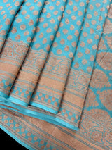 Pastel Blue pure khaddi georgette banarasi silk saree with copper zari with wide border — Kaash Collection