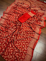 Red pure khaddi georgette banarasi silk saree with antique copper zari weave — Kaash Collection