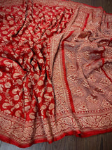 Red pure khaddi georgette banarasi silk saree with antique copper zari weave — Kaash Collection