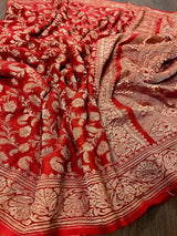Red pure khaddi georgette banarasi silk saree with antique copper zari weave — Kaash Collection