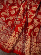 Red pure khaddi georgette banarasi silk saree with antique copper zari weave — Kaash Collection