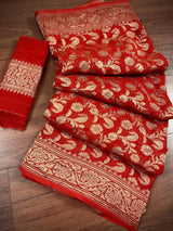 Pure Khaddi Georgette Banarasi Silk Saree in Red Color with Antique Copper Zari Weave - SILK MARK CERTIFIED - Kaash