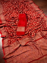 Pure Khaddi Georgette Banarasi Silk Saree in Red Color with Antique Copper Zari Weave - SILK MARK CERTIFIED - Kaash
