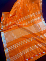 Pure Linen By linen in Orange Color with small Sliver Zari Balls | Zari Work with Tassels | Linen Sarees - Kaash