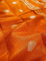 Pure Linen By linen in Orange Color with small Sliver Zari Balls | Zari Work with Tassels | Linen Sarees - Kaash