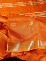 Pure Linen By linen in Orange Color with small Sliver Zari Balls | Zari Work with Tassels | Linen Sarees - Kaash