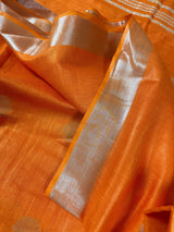 Pure Linen By linen in Orange Color with small Sliver Zari Balls | Zari Work with Tassels | Linen Sarees - Kaash