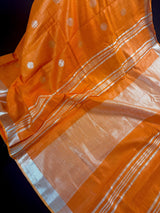 Pure Linen By linen in Orange Color with small Sliver Zari Balls | Zari Work with Tassels | Linen Sarees - Kaash