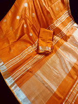 Pure Linen By linen in Orange Color with small Sliver Zari Balls | Zari Work with Tassels | Linen Sarees - Kaash