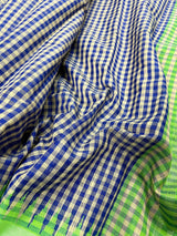 Pure Raw Silk Saree with Checks in Beige, Royal Blue and Parrot Green Color with Temple Border - Kaash