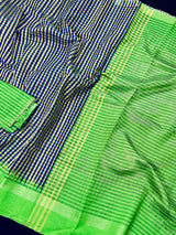 Pure Raw Silk Saree with Checks in Beige, Royal Blue and Parrot Green Color with Temple Border | Handwoven Saree | SILK MARK CERTIFIED - Kaash