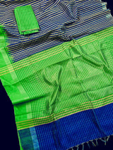 Pure Raw Silk Saree with Checks in Beige, Royal Blue and Parrot Green Color with Temple Border | Handwoven Saree | SILK MARK CERTIFIED - Kaash