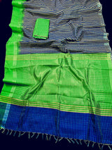 Pure Raw Silk Saree with Checks in Beige, Royal Blue and Parrot Green Color with Temple Border | Handwoven Saree | SILK MARK CERTIFIED - Kaash