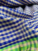 Pure Raw Silk Saree with Checks in Beige, Royal Blue and Parrot Green Color with Temple Border | Handwoven Saree | SILK MARK CERTIFIED - Kaash